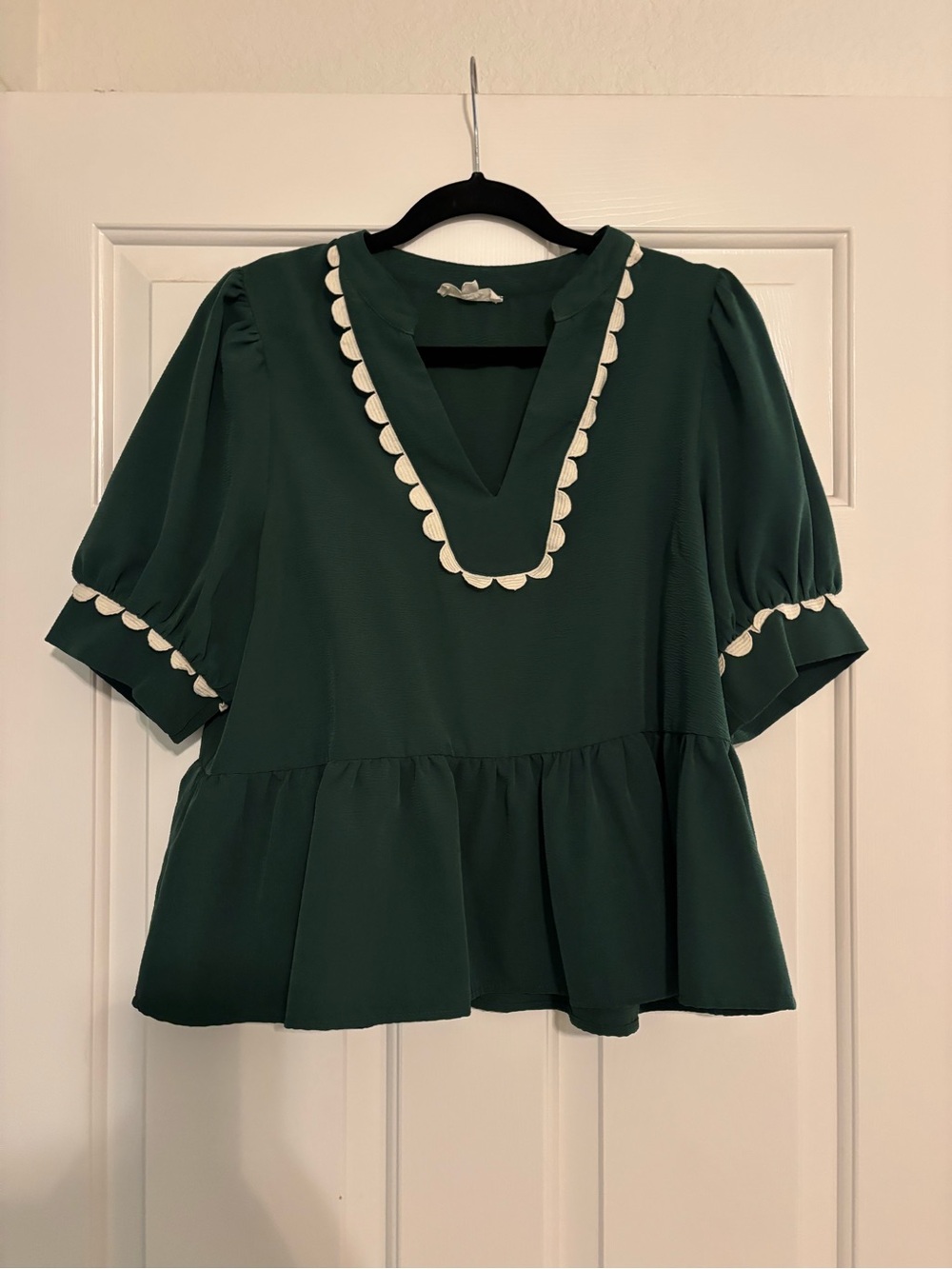 entro Forest Green Peplum V-Neck Blouse with Cream Scallop Trim